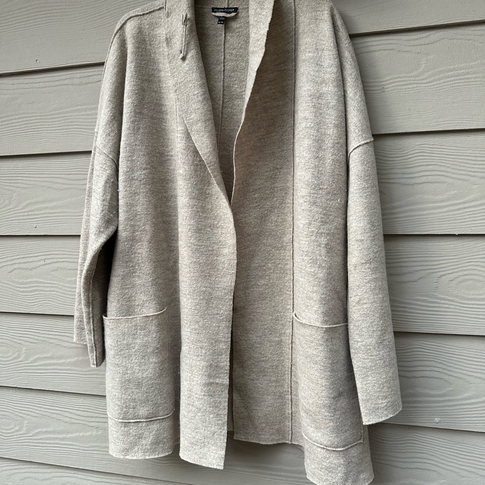 EILEEN FISHER NWT The Icons Kimono Jacket Cardigan Open Front Wool Beige Size XL - Picture 8 of 9